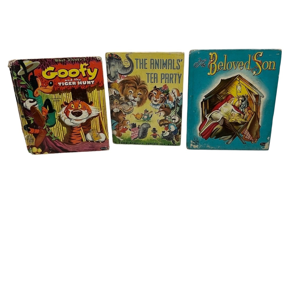 Vintage‎ 1950s Lot of 3 Childrens Book Disney Goofy Tiger Hunt Animals Tea Party